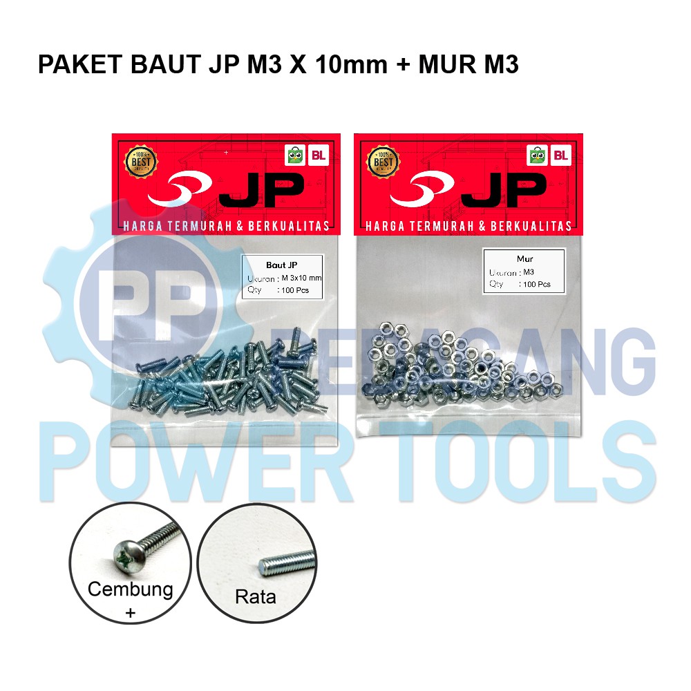 PAKET 2 SET BAUT MUR 3x10 BAUT JP M 3 x 10 MM MUR M3 SKRUP ISI 100 PCS