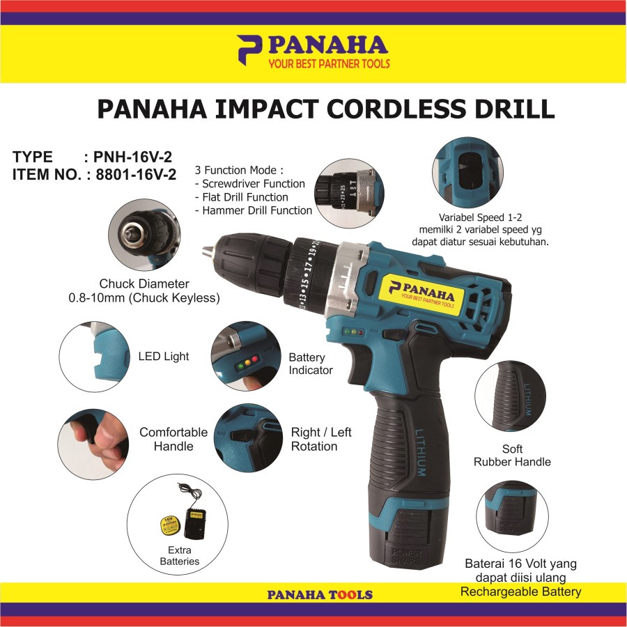 PANAHA 16V Cordless Impact Drill 16 V Bor Baterai Besi Beton Tembok