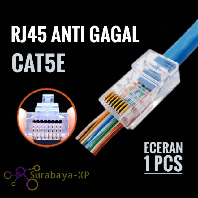 Konektor RJ45 CAT5E Anti gagal Eceran 1 pcs Jack Connector tembus kabel lan Berlubang CAT 5E