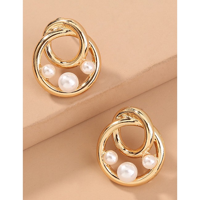 LRC Anting Tusuk Fashion Gold Color Geometric Round Pearl Earrings K78406