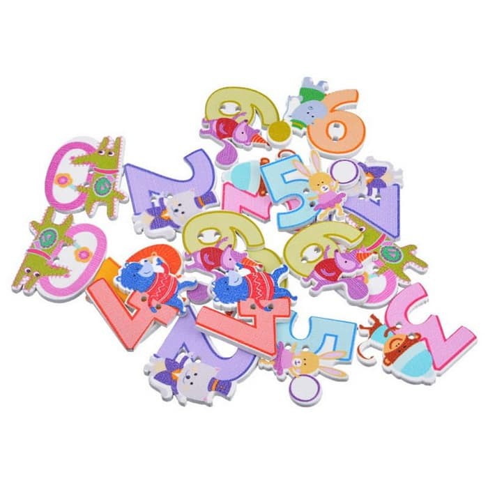 Kancing Kayu Dua Lubang - Cartoon Number Style (5pcs)