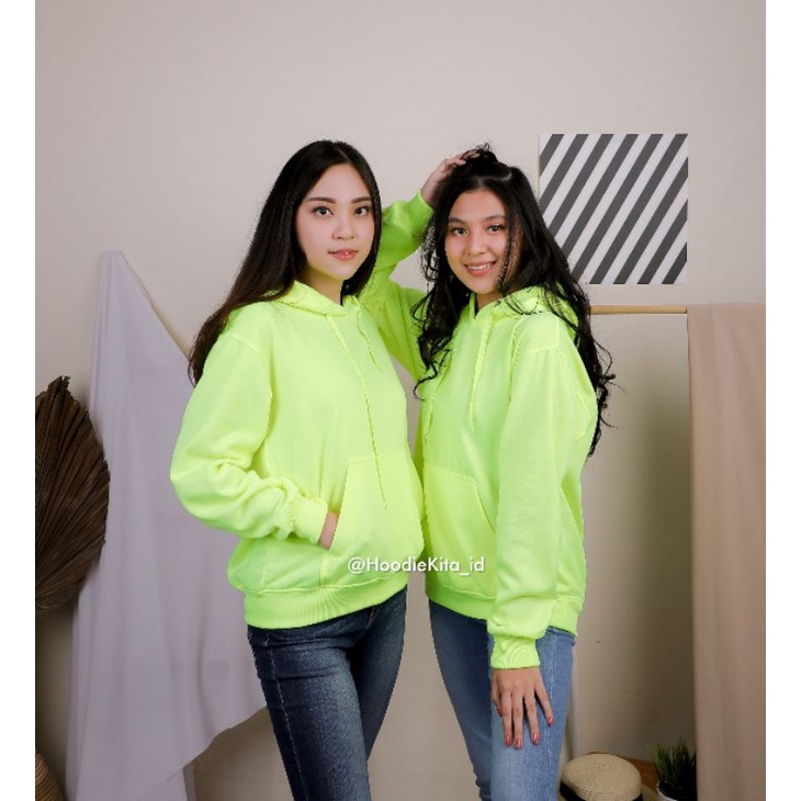 HoodieKita_Id Hoodie Jumper Polos Unisex Hijau Stabilo Size M-XL (Pria dan Wanita)