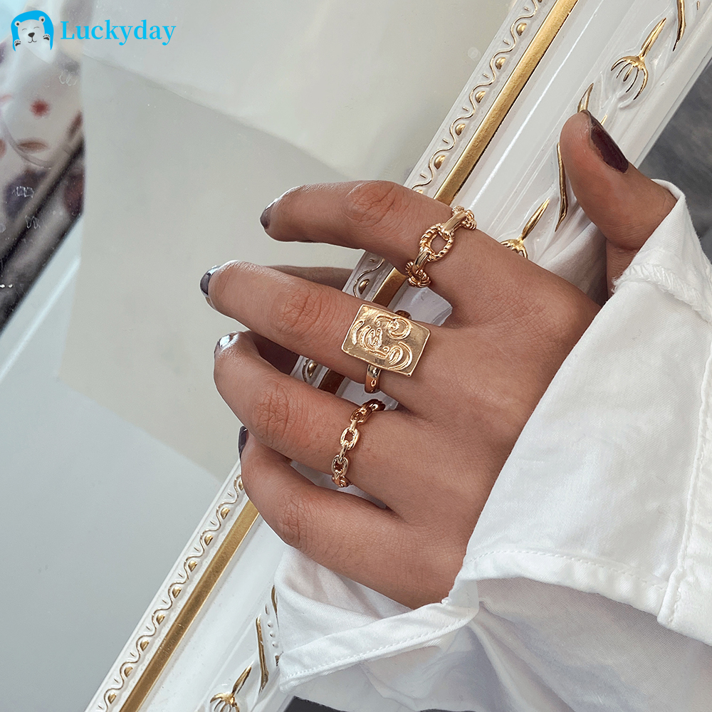 YEEZII Gold Face Smile Face Twist Woven Ring Set Opening Adjustable Personality Fashion Simple Rings Jewelry Accessories