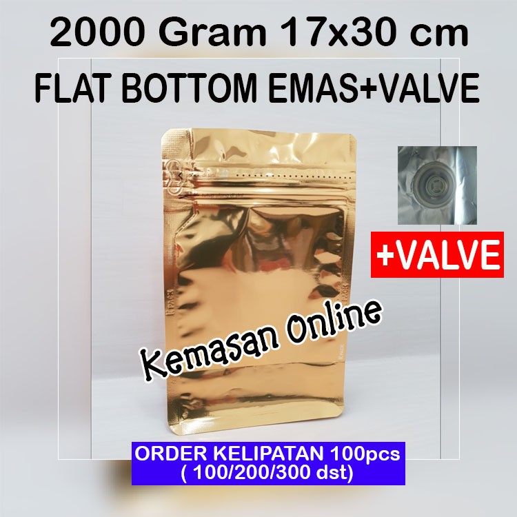 Kemasan Kopi 1000 gr Flat Bottom Emas Alumunium Foil 2000+Zipper+Valve