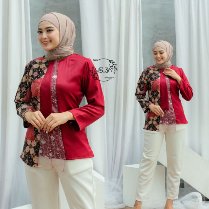 Atasan Batik Wanita Modern / Blouse Batik Kombinasi Mosscrepe Size M, L, XL ( ORIGINAL )