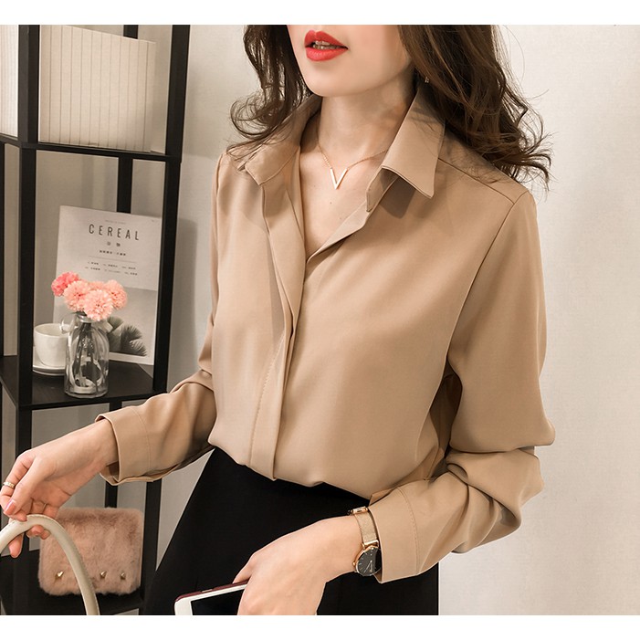 Versi Korea sederhana kemeja Lengan panjang wanita Atasan sifon Warna solid Tipis longgar-Khaki