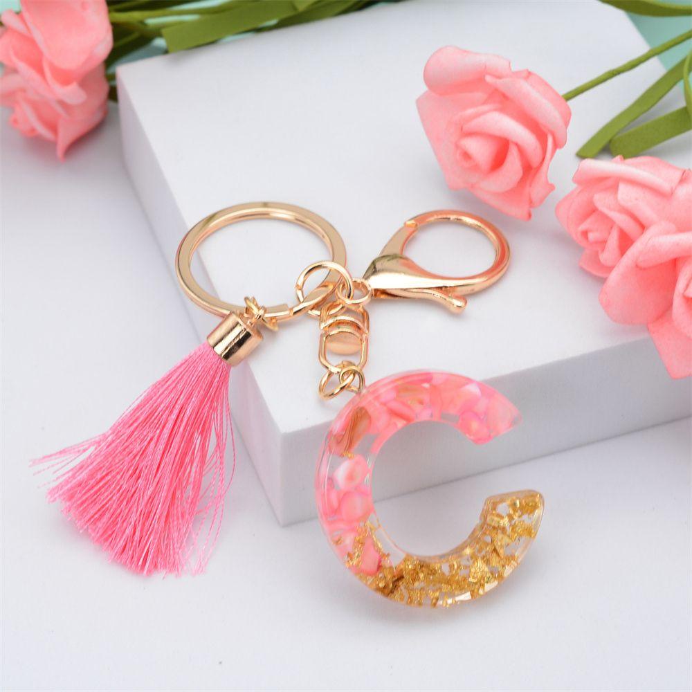 Lanfy 26huruf Gantungan Kunci Lucu Resin Jumbai Liontin Ornamen Perhiasan Mobil Keyring Alphabet Key Chain