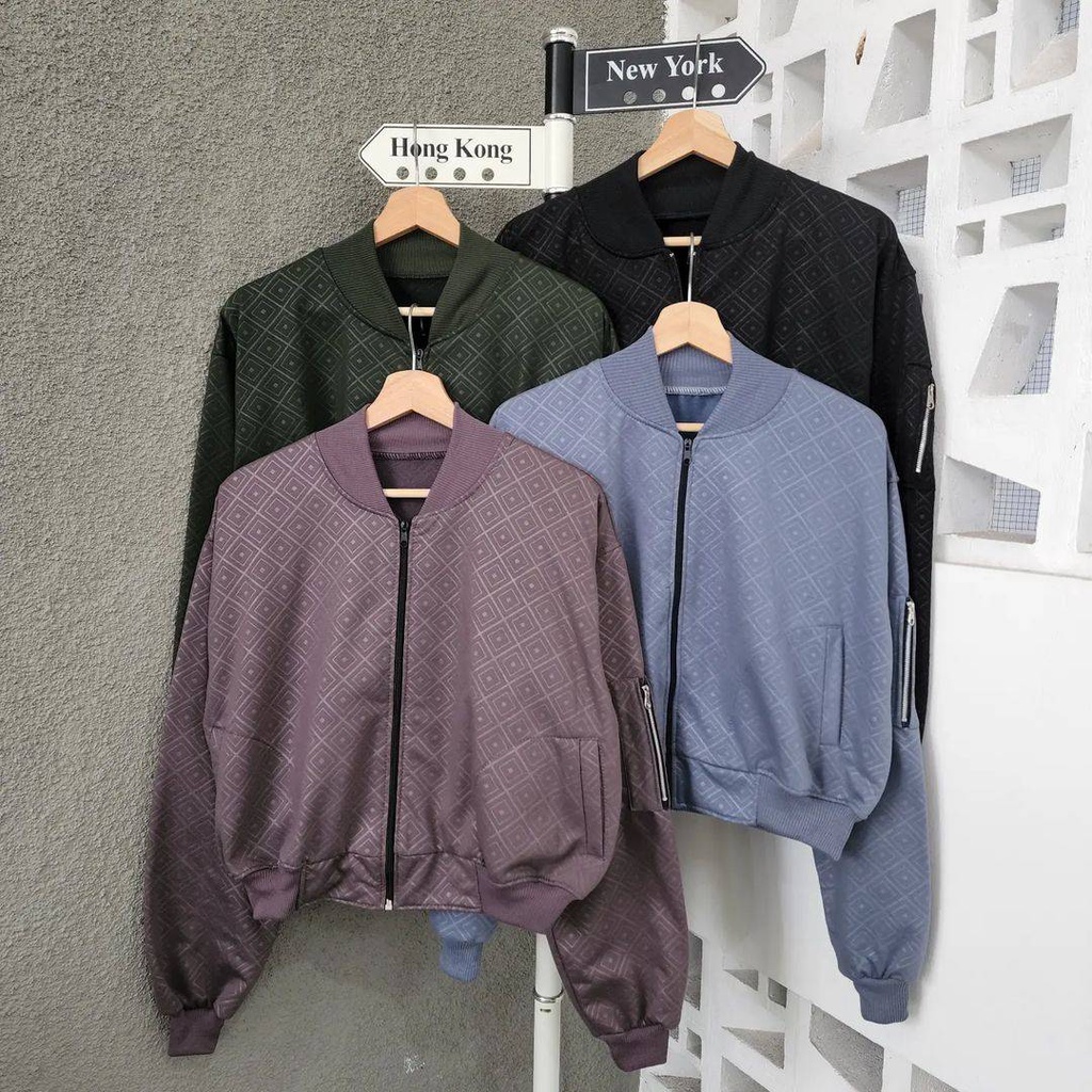 DIAMOND EMBOSS BOMBER Jacket Varsity Baseball Oversize Wanita Sweater Premium Motif Timbul Korean Style OOTD Terkini