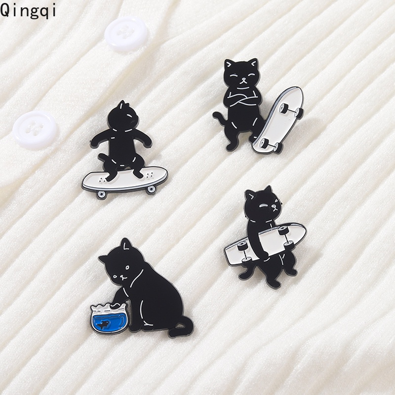 Bros Pin Enamel Bentuk Kucing Hitam Skateboarding Untuk Aksesoris Kerah