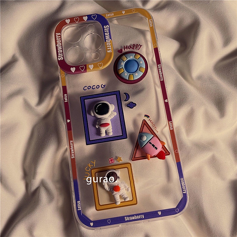 3D Pola Astronot Casing iPhone 11 12 13 Pro Max ProMax 7 8 Plus X Xs XsMax Ponsel Case Soft Case Tmt