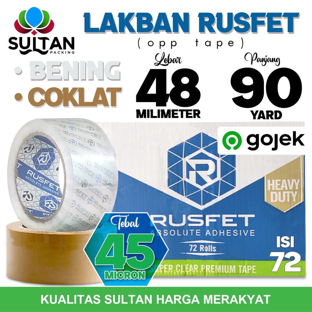 

Lakban RUSFET 48mm x 90yard Isolasi Selotip OPP Tape Plakban Packing PREMIUM OJOL / DUS