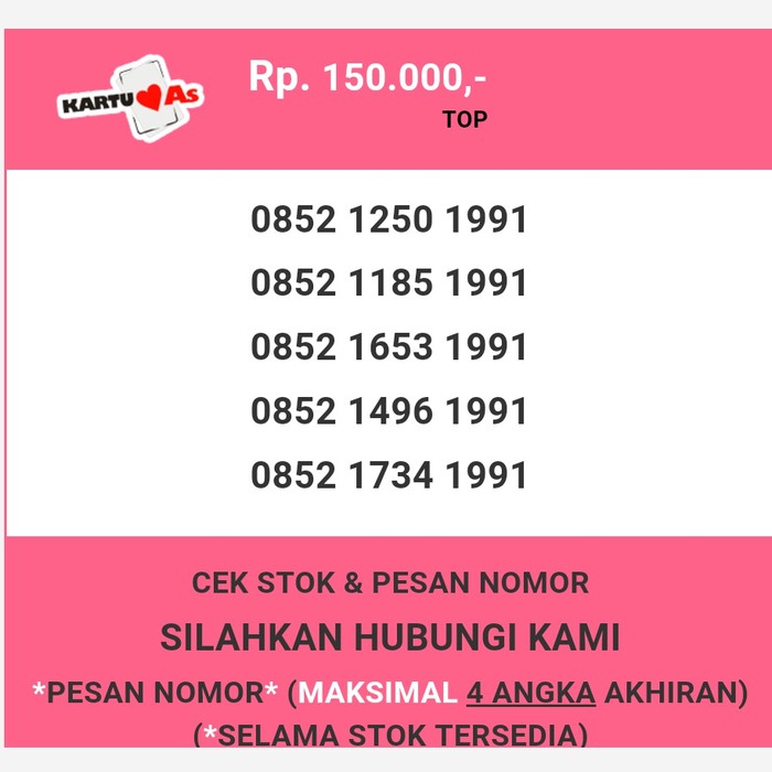 Nomor cantik Telkomsel AS murah tahun lahir 1991 simpati as T2888-150
