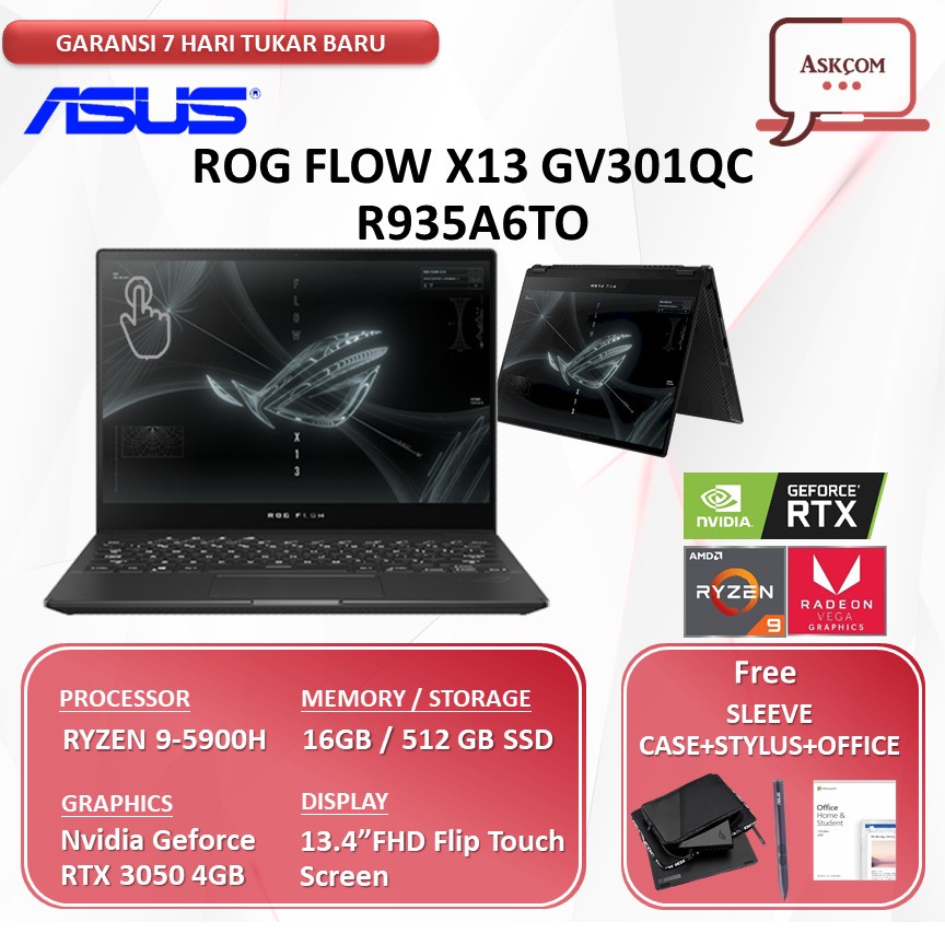 ASUS ROG Flow X13 2in1 Touch Ryzen 9-5900HS 16GB 512ssd RTX3050 4GB 13.4&quot;FHD Win10 GV301QC R935A6TO