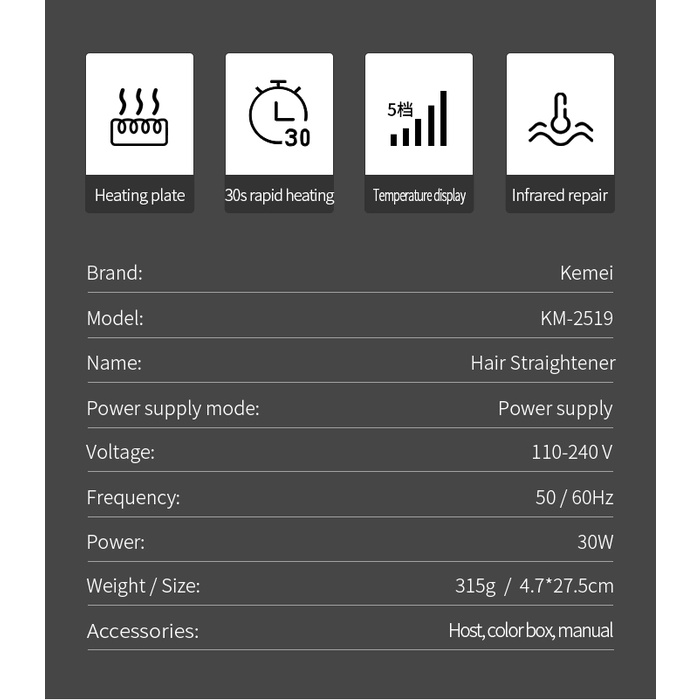 Kemei Km-2519 Pelurus Rambut Portabel, Alat Catok Datar Profesional Kontrol Suhu 5 Kecepatan