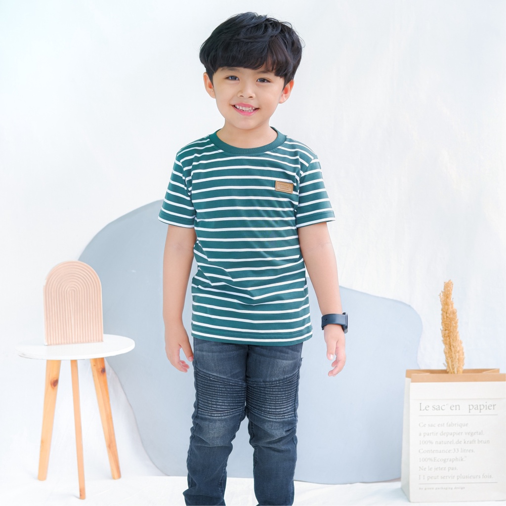 Kaos Stripe Garis Anak Laki Laki Perempuan Branded Unisex Original Premium | Mevla Kids - Uzuki Green