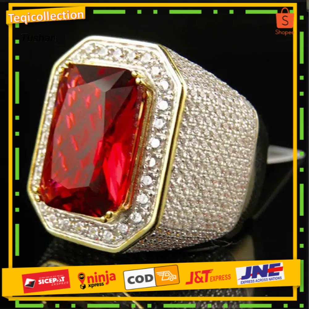 CINCIN PRIA BATU MERAH MEWAH LIS PERMATA RING GOLD
