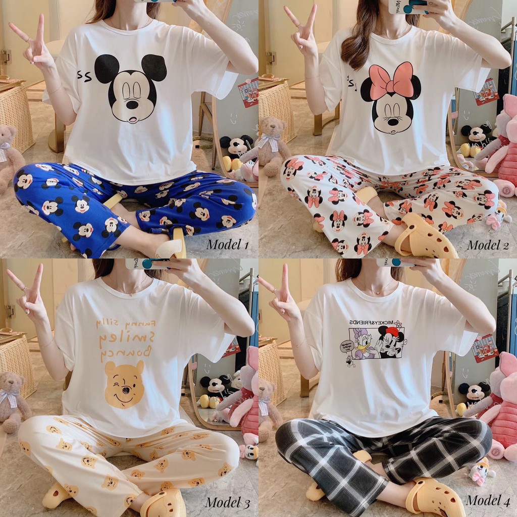 Baju tidur / piyama / baju santai set wanita bahan import murah BTB023-1 motif lucu free size