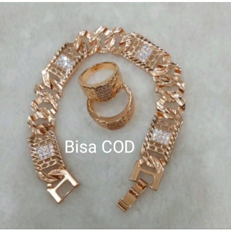 Gelang Plat Rantai + Cincin Kotak 2 Pcs