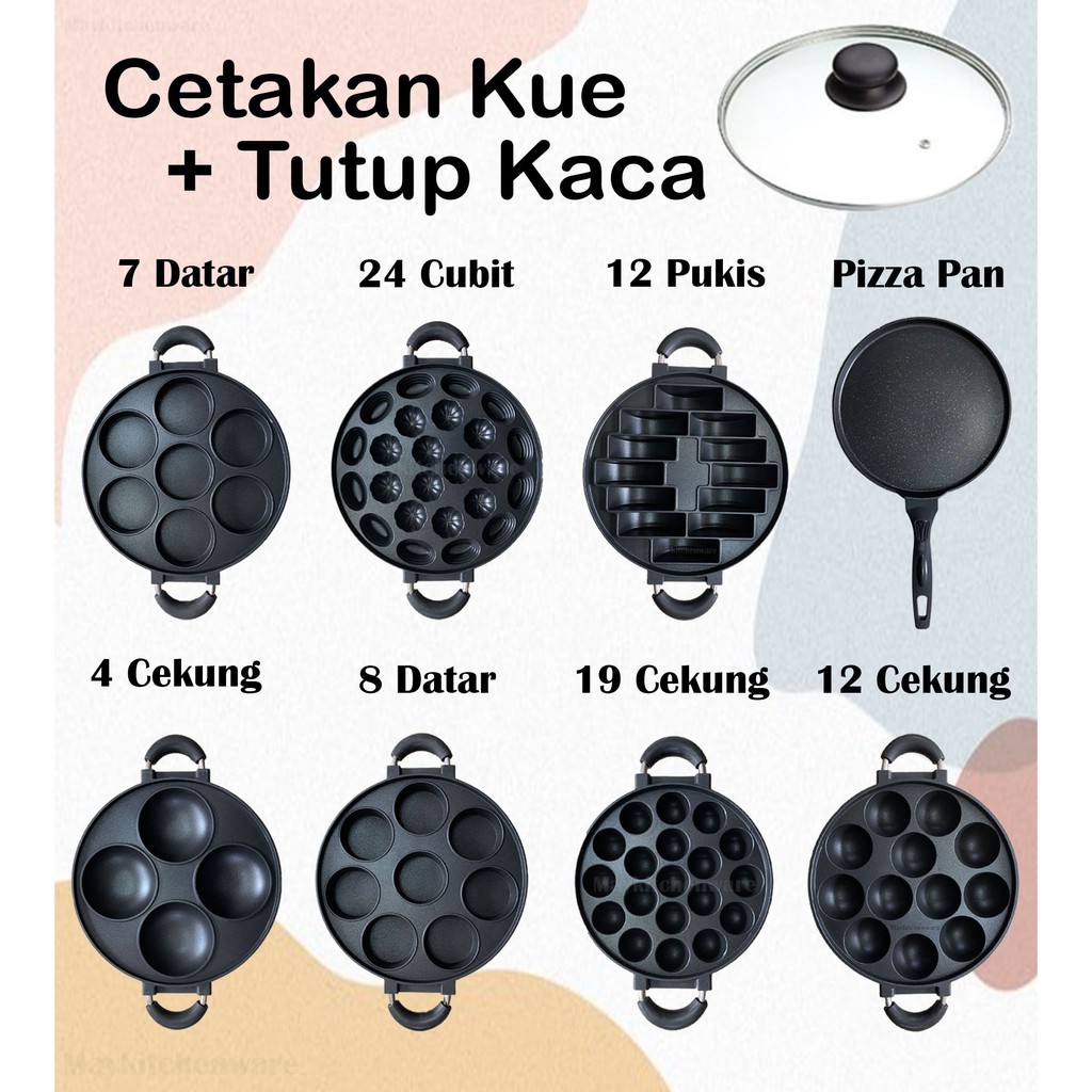 Cetakan Kue Lumpur Pukis Cubit Cake Pan + Tutup Kaca Anti Lengket Teflon Martabak Mini Takoyaki Apem