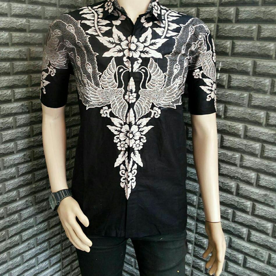 KEMEJA BATIK PRIA LENGAN PENDEK BAJU KERJA KANTOR BAJU BATIK PRIA DEWASA WARNA HITAM PUTIHAN