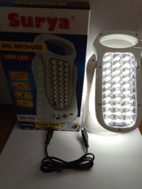 Surya Lampu Emergency SHL 6013 + USB Light LED SMD 30A+30A+ Power Bank Rechargeable 6 Hours