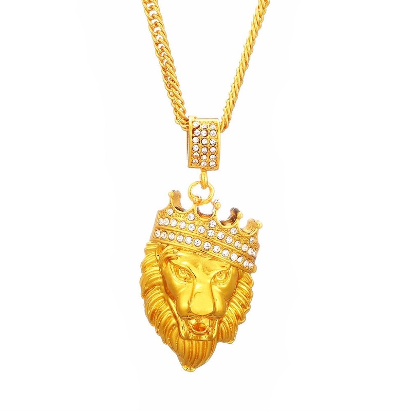 [Ready Stock]Fashion New Gold-Plated Diamond Crown Lion's Head Pendant Necklace