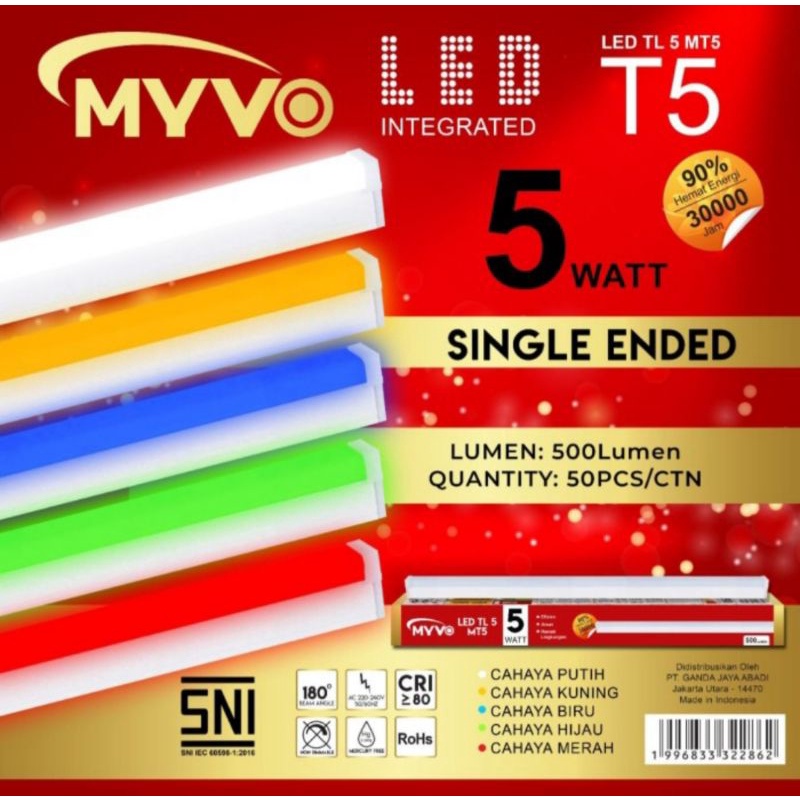 LAMPU TL/T5 /NEON T5 LED 5WATT (30CM)TUBE MYVO WARNA WARNI