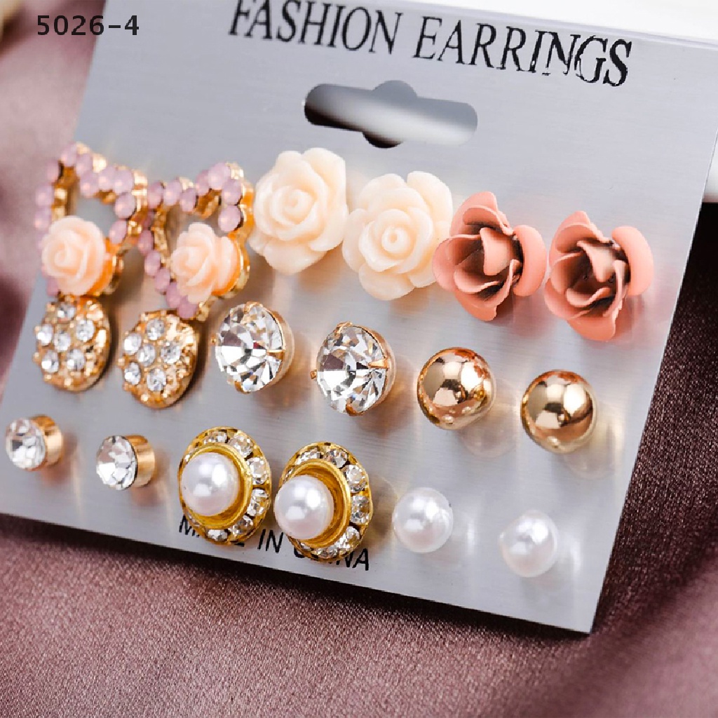 5026-4 9 Pairs/Set Women's Crystal Pearl Flower Ear Studs Earrings Elegant Jewelry Gift 5026-4