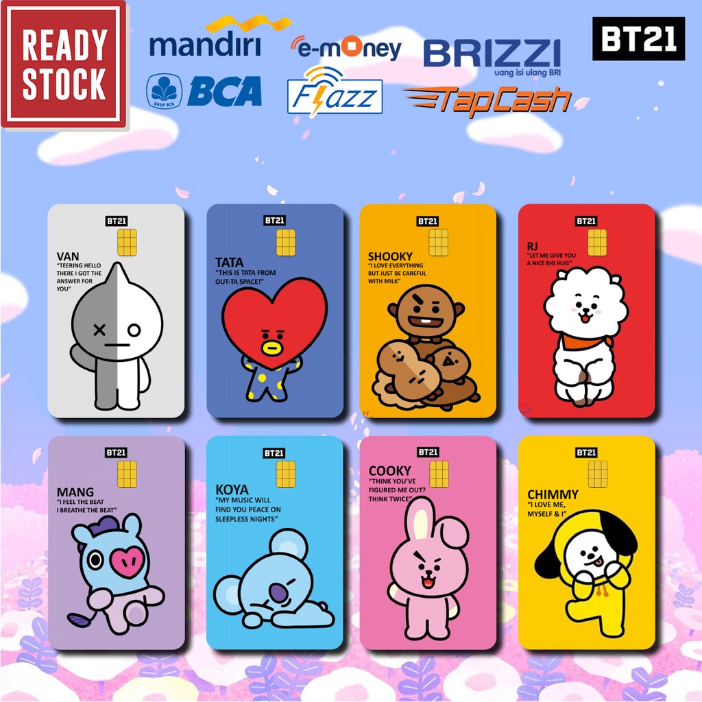 Emoney mandiri flazz bca gen 2 brizzi tap cash custom BT21 Tata, Shooky, RJ, Mang, Koya, Cooky, Chimmy, Van kartu e toll free edit 1 sisi atau 2 sisi cocok untuk komunitas dan souvenir