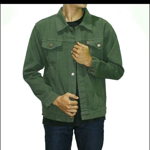 Jaket Jeans Denim PREMIUM Pria Warna Polos Hijau Army Jacket Cowok Jeket Lelaki Size Ukuran M L XL
