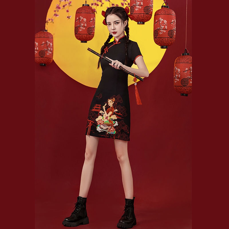 Guochao cheongsam 2022 new young girl improved summer black short fried Street Chinese style women's