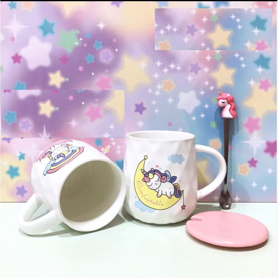 MUG UNICORN / GELAS MINUM / CANGKIR KERAMIK + SENDOK STAINLESS UNICORN LUCU / KADO UNIK