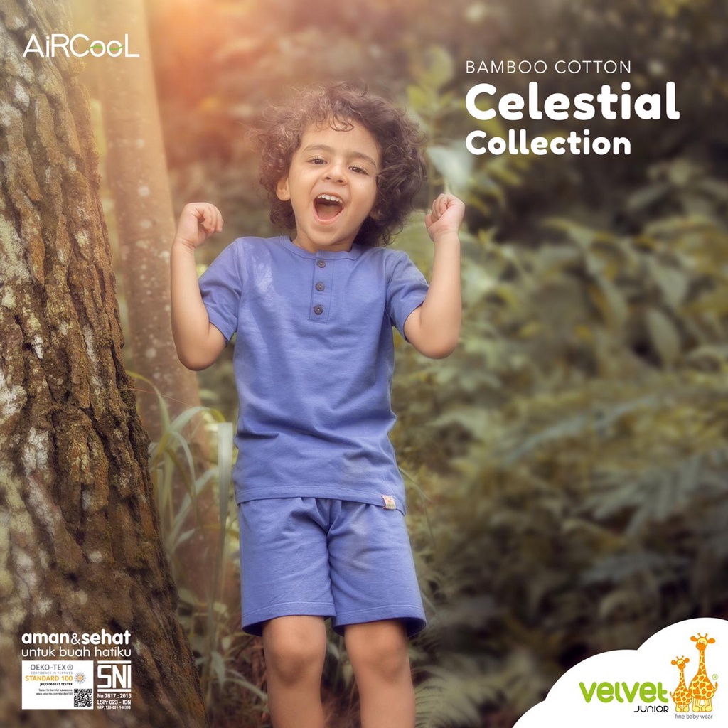 Castle - Velvet Junior Bamboo Cotton AirCool Setelan Baju Pendek Kancing Dada + Celana Pendek Celestial Collection Size L/XL/2/3/4/5