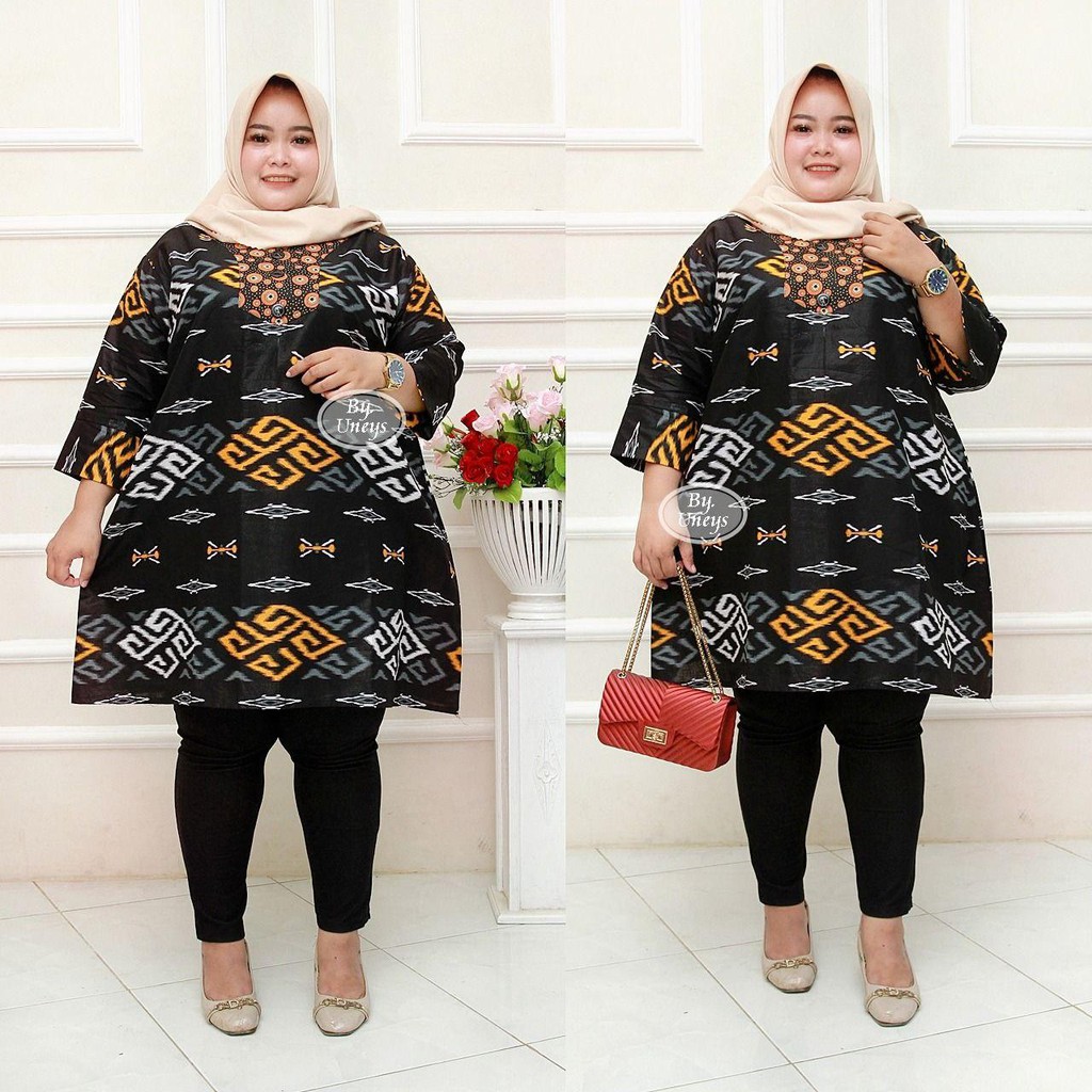 Tunik Batik Wanita Ukuran Jumbo LD 140cm Resleting Belakang Bahan Katun Adem Di Pakai Serap Keringat