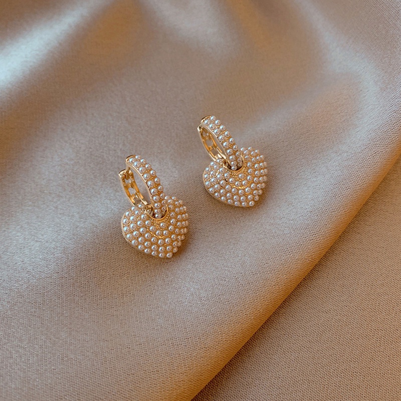 Anting Hoop Emas 14k Bentuk Hati Aksen Mutiara Gaya Korea Untuk Wanita