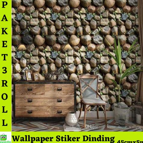 TERMURAH WALLPAPER STIKER DINDING PAKET 3 ROLL MOTIF BATU ALAM Termurah