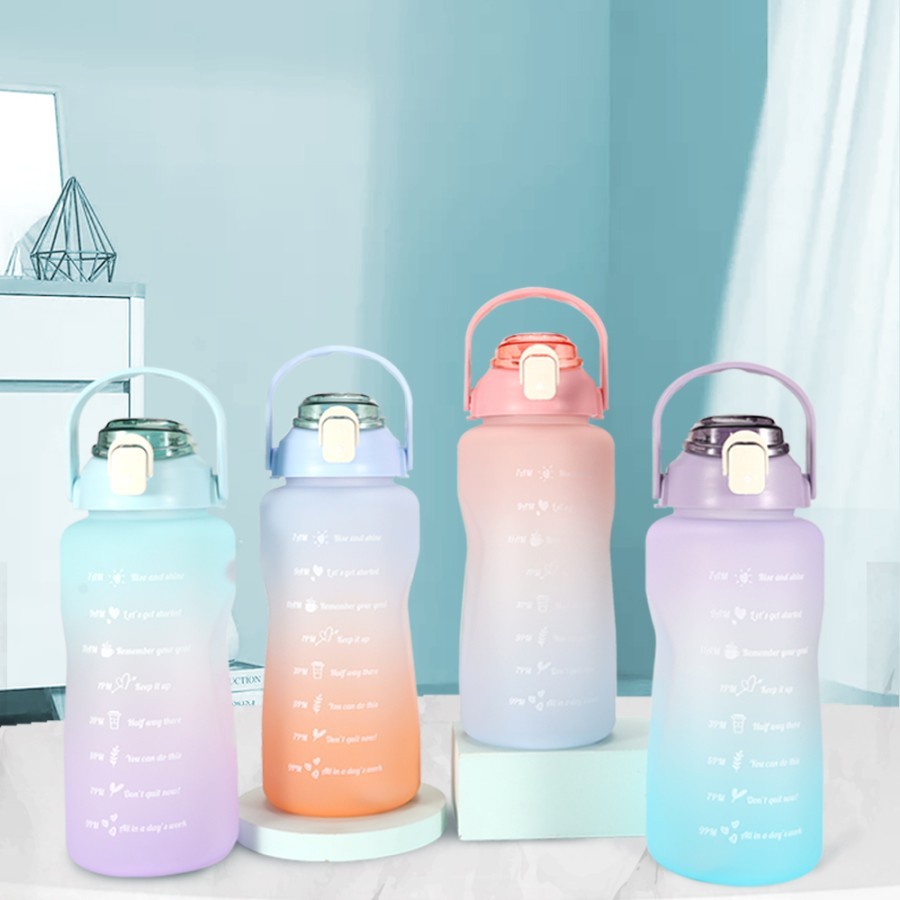 Botol Air Minum Motivasi 2 Liter Rainbow Botol Viral Penanda Waktu 2L - UNGU+STICKER