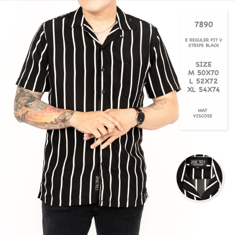 Kemeja Murah Garis Strip Baju Pria Lengan Pendek Motif Salur Fashion Cowok Manly Diskon