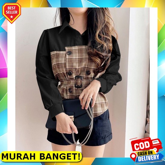 Kemeja Wanita Murah Lengan Panjang Kekinian Remaja Premium Kotak Kotak Flanel Oversize Korea R0N2 Cr