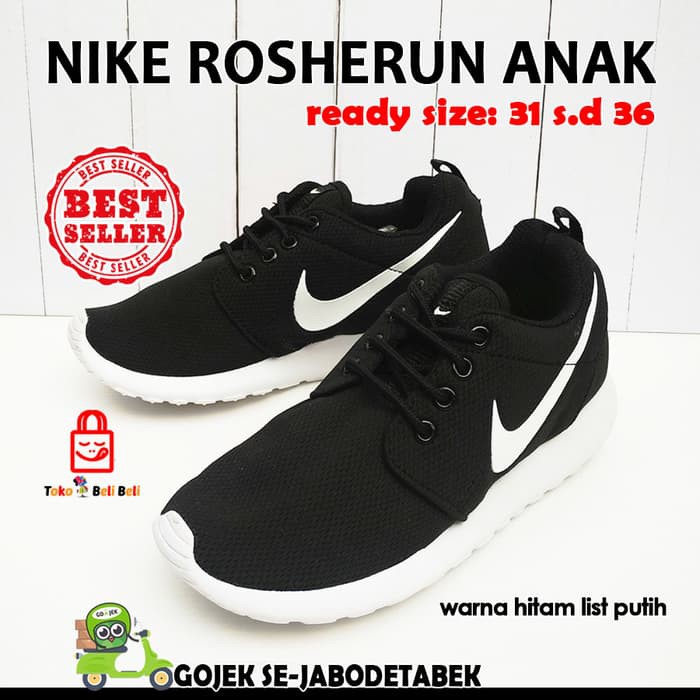 {KUALITAS TERBAIK}      nike rosherun anak - hitam list putih. sepatu anak. sepatu sneakers