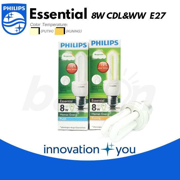 PHILIPS ESSENTIAL 8W E27 | Lampu Hemat Energi | Putih atau Kuning