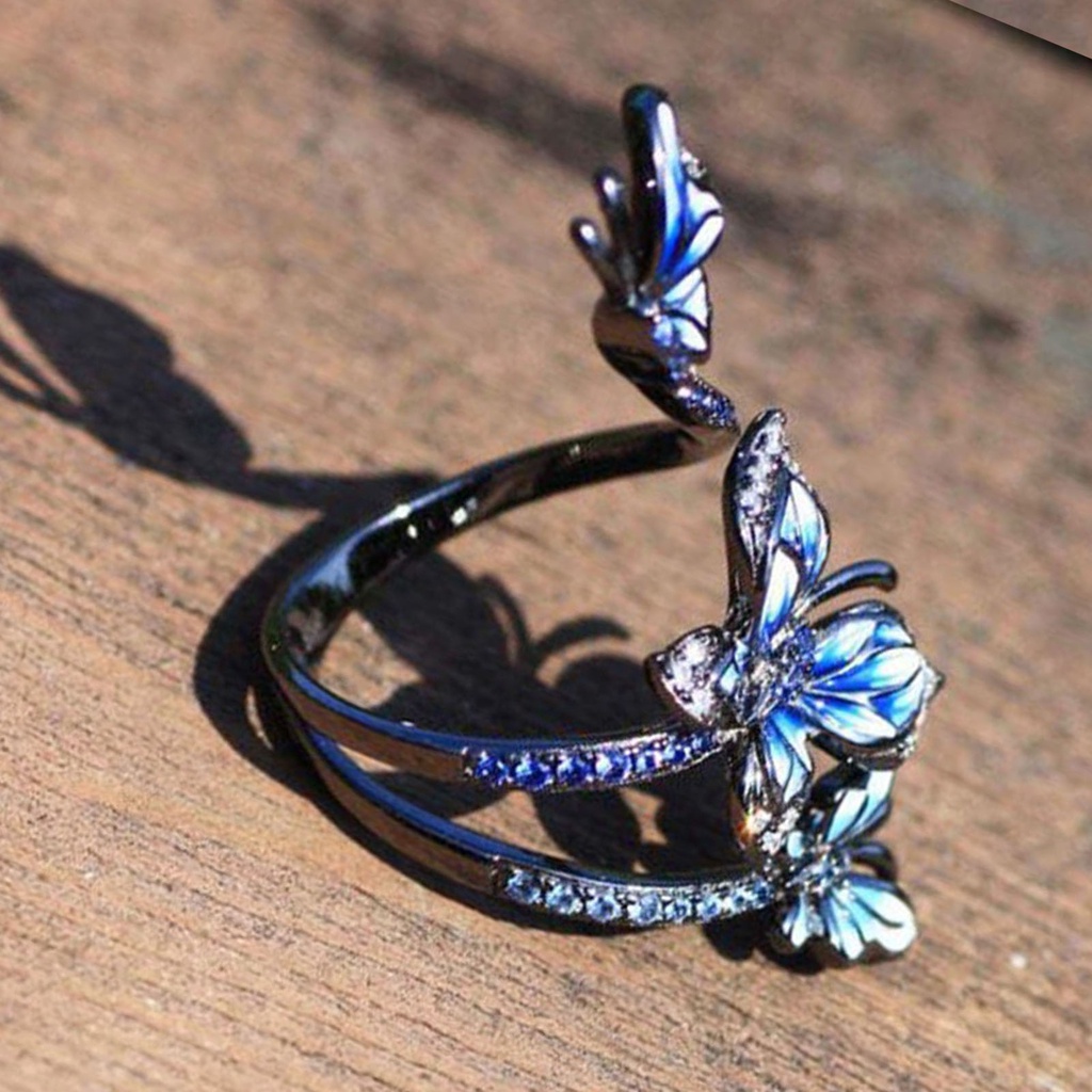 Hu Hu Hu Hu Hu Alat Bantu Pasang Kacamata♡ Cincin Model Terbuka Desain Tiga Kupu-Kupu Biru Dapat Disesuaikan Untuk Pesta