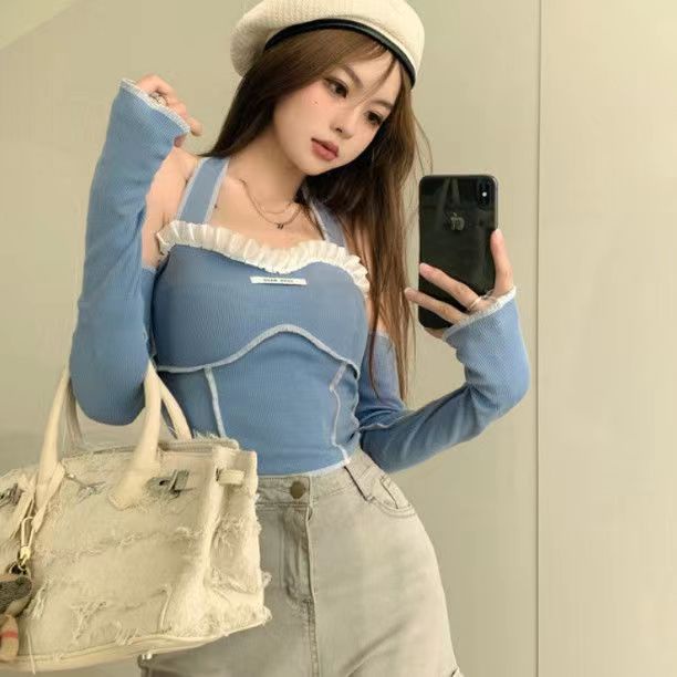 [✅BISA COD] #Sisjuly# Indah Sayang Jahitan Renda Manis dan Keren Menggantung Leher Satu Bahu Lengan Panjang T-shirt