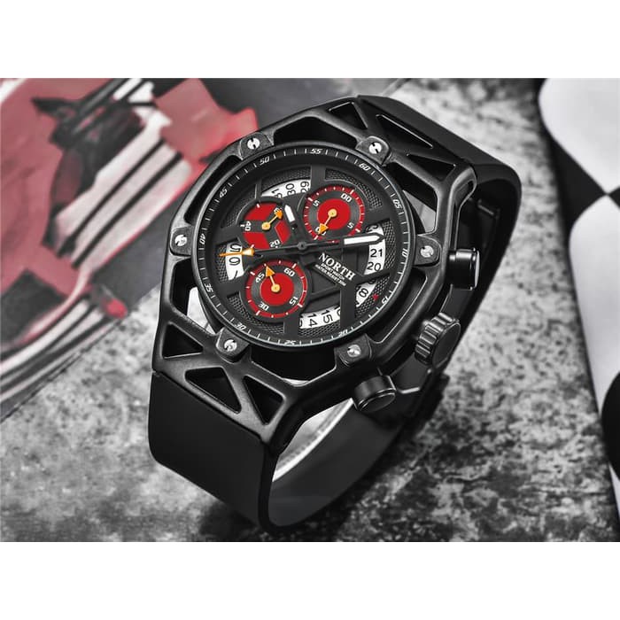 Jam Tangan Pria Original NORTH 7710 Chronograph Anti Air Black