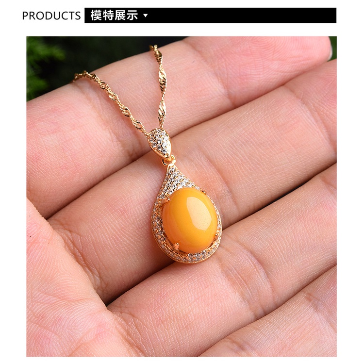 Kalung Lapis Emas Emas Asli Kadar 375Hias Liontin Giok Ayam Kuning Amber Beeswax Topaz Chalcedony Untuk Wanita