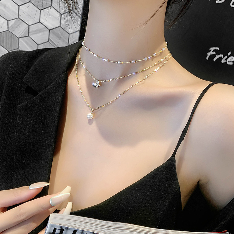 Fashion Multilayer Pearl Butterfly Pendant Necklace Elegant Luxury Zircon Clavicle Chain Jewelry Accessories Gift