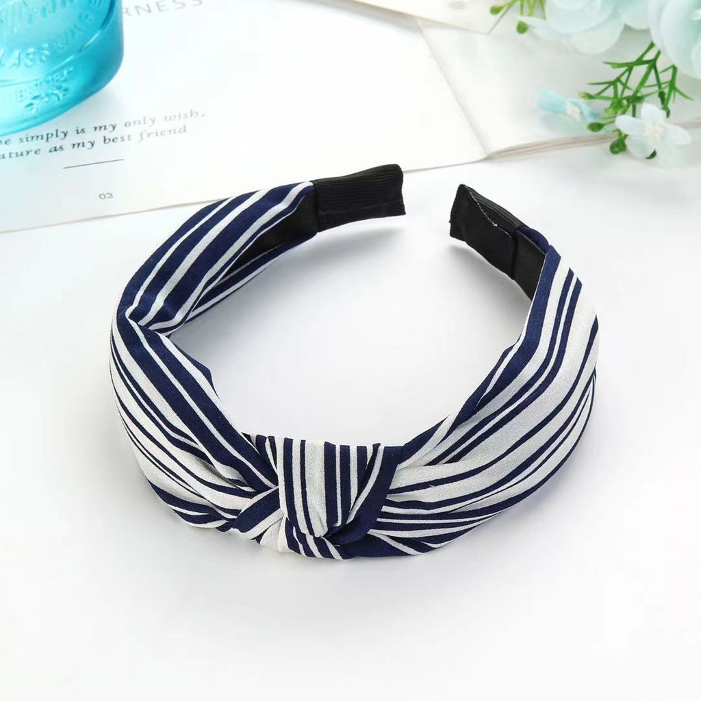 Headband Bando Korea Style Bandana Polos Bando Kain Motif Garis-Garis Bando Simpul Import