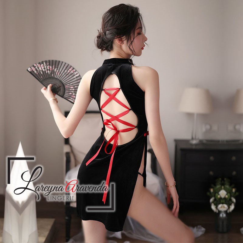 Set Lingerie + G String Seksi Model Cosplay Cheongsam Beludru LG262