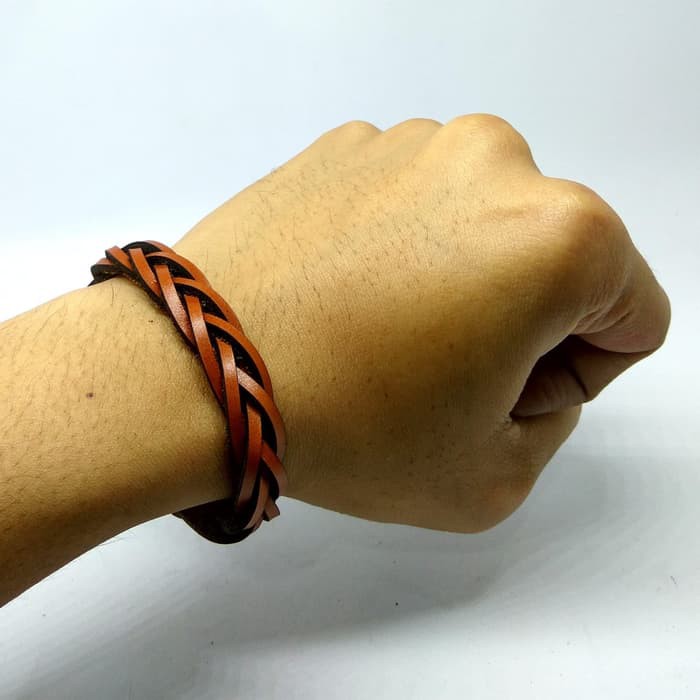 gelang anyam kulit asli warna tan - leather bracelet - PHAC294