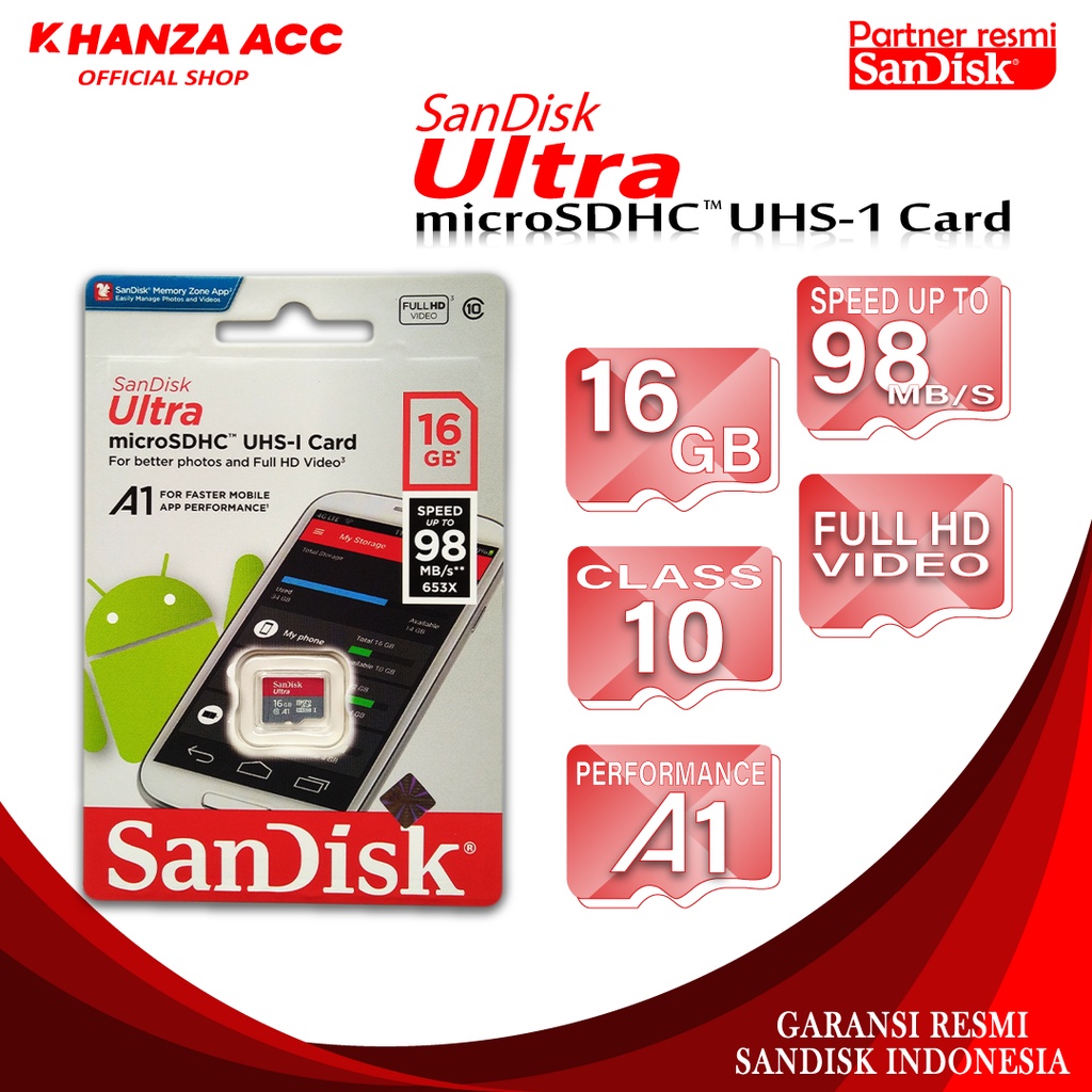 KHANZAACC Memory Card SanDisk Ultra MicroSD 16GB A1 98MB/s